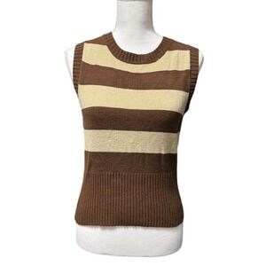 Airport Brown Tan Striped Knit Sweater Vest Size L Y2K Retro Preppy